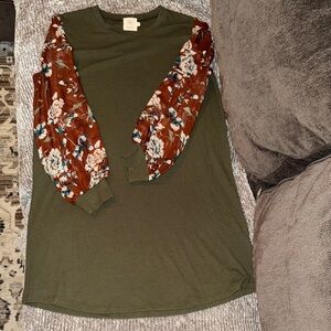 Olive Green Boutique Dress with Sheer Sleeves in rust floral print